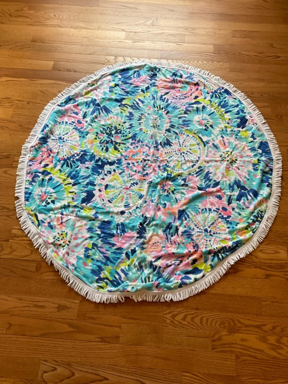 Lilly Pulitzer Pastel Floral Fringe Round Towel - White, Pink, Green, Aqua